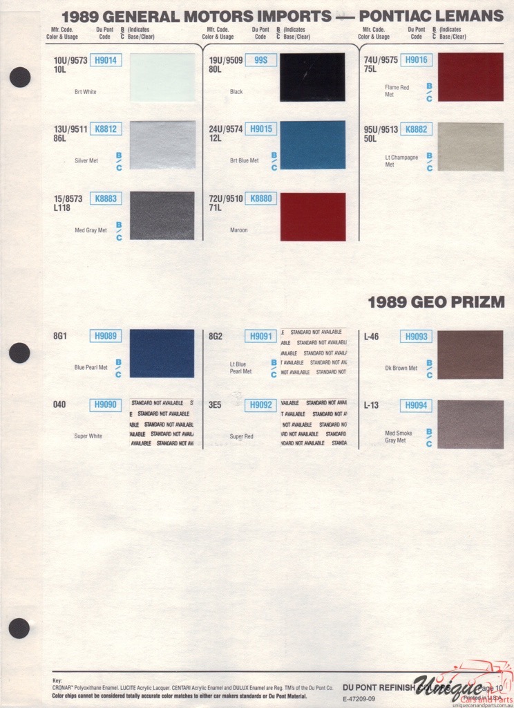 1989 General Motors Import Paint Charts DuPont 2